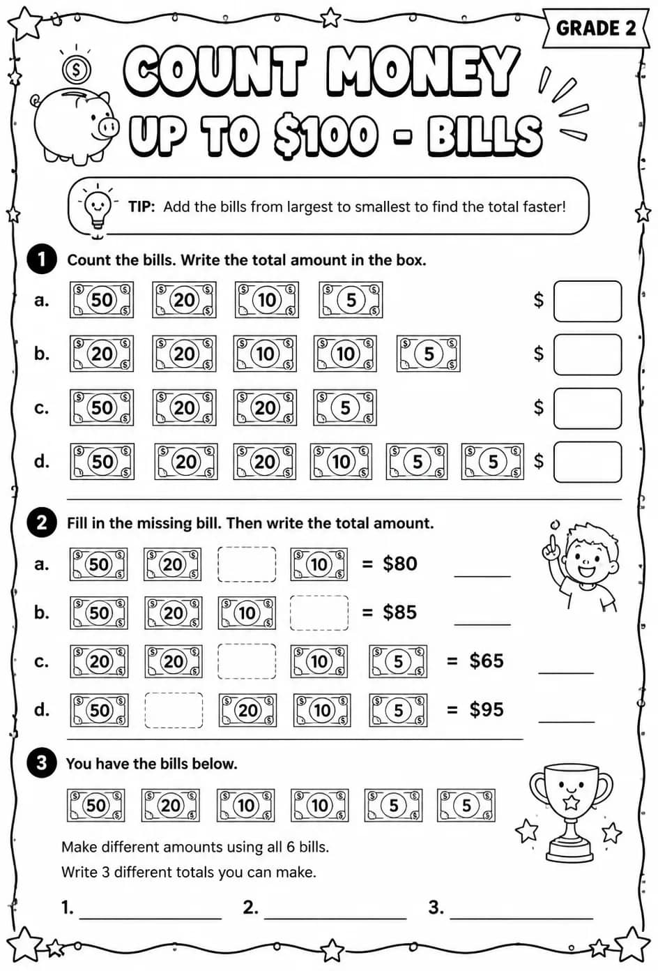 Count money up to $100 - bills — free printable Grade 2 math worksheet