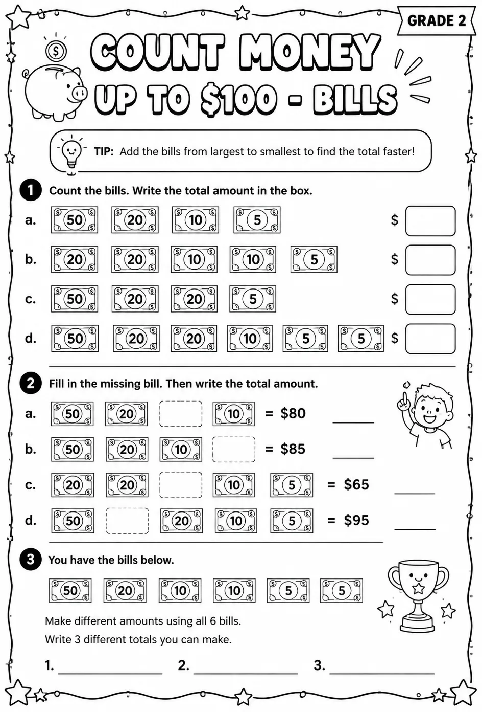 Count money up to $100 - bills — free printable Grade 2 math worksheet