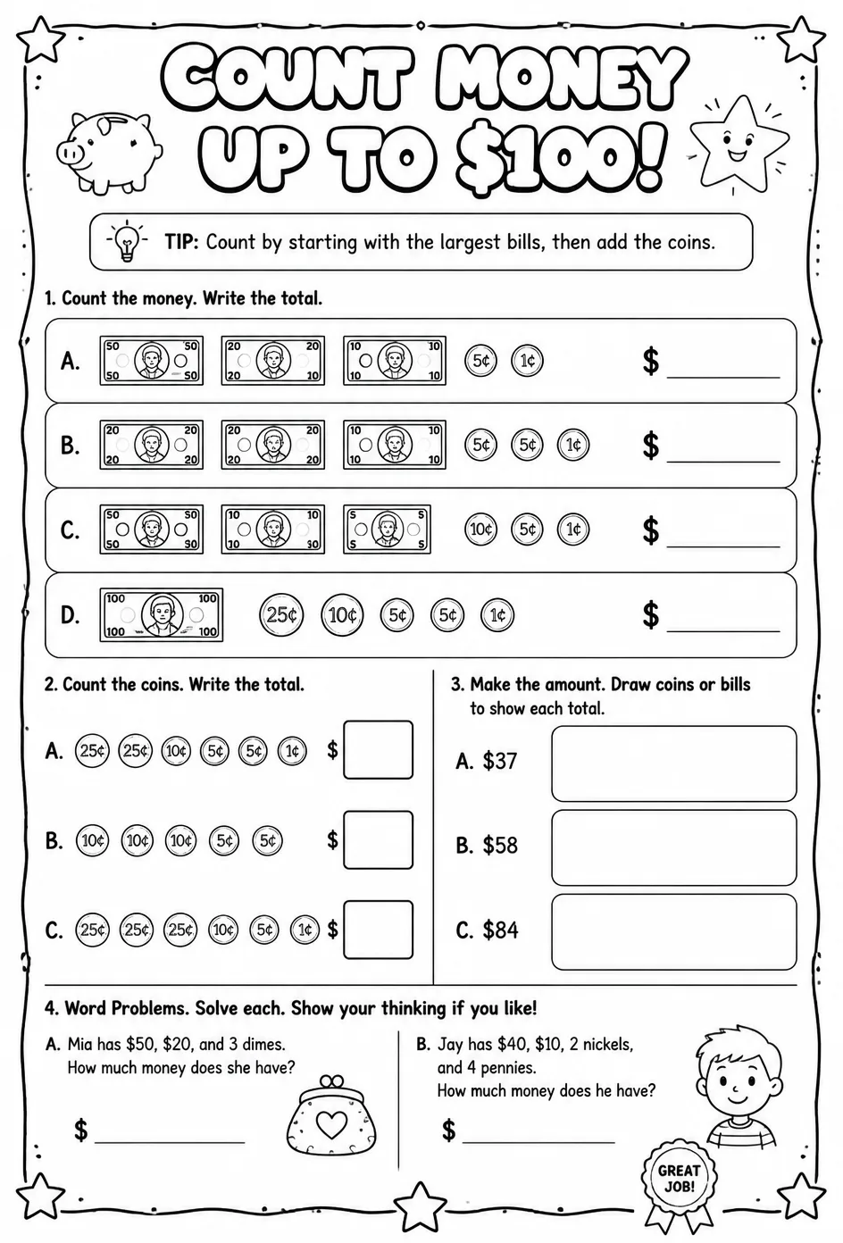 Count money up to $100 — free printable Grade 2 math worksheet