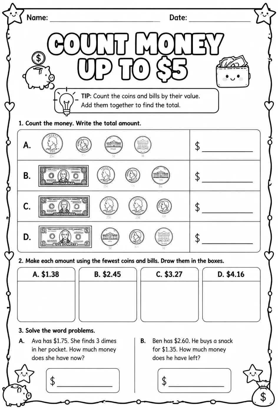 Count money up to $5 — free printable Grade 2 math worksheet
