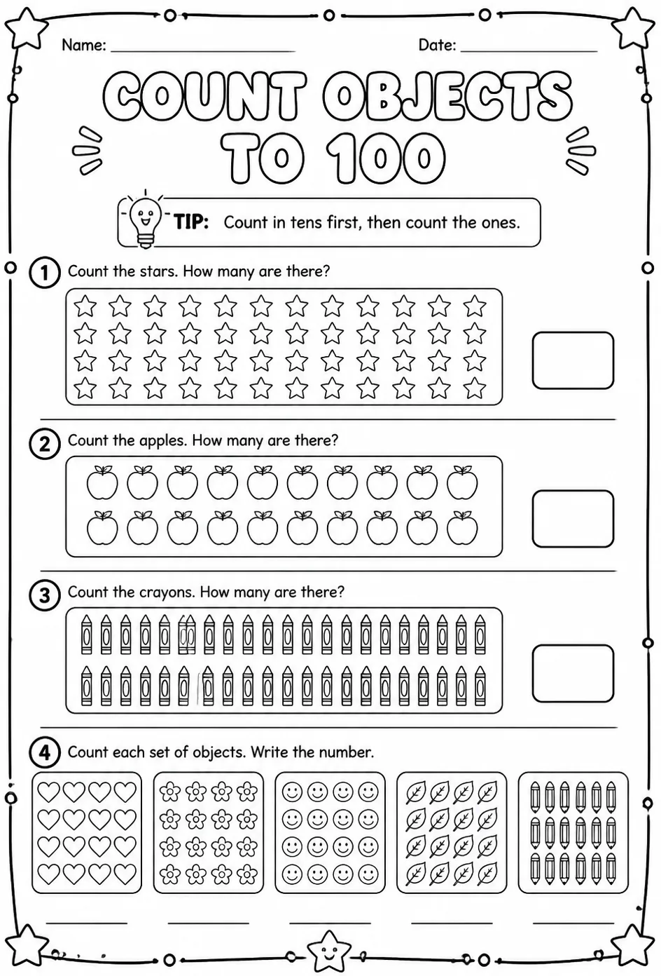 Count objects to 100 — free printable Grade 1 math worksheet
