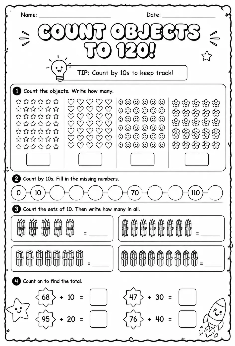 Count objects to 120 — free printable Grade 1 math worksheet