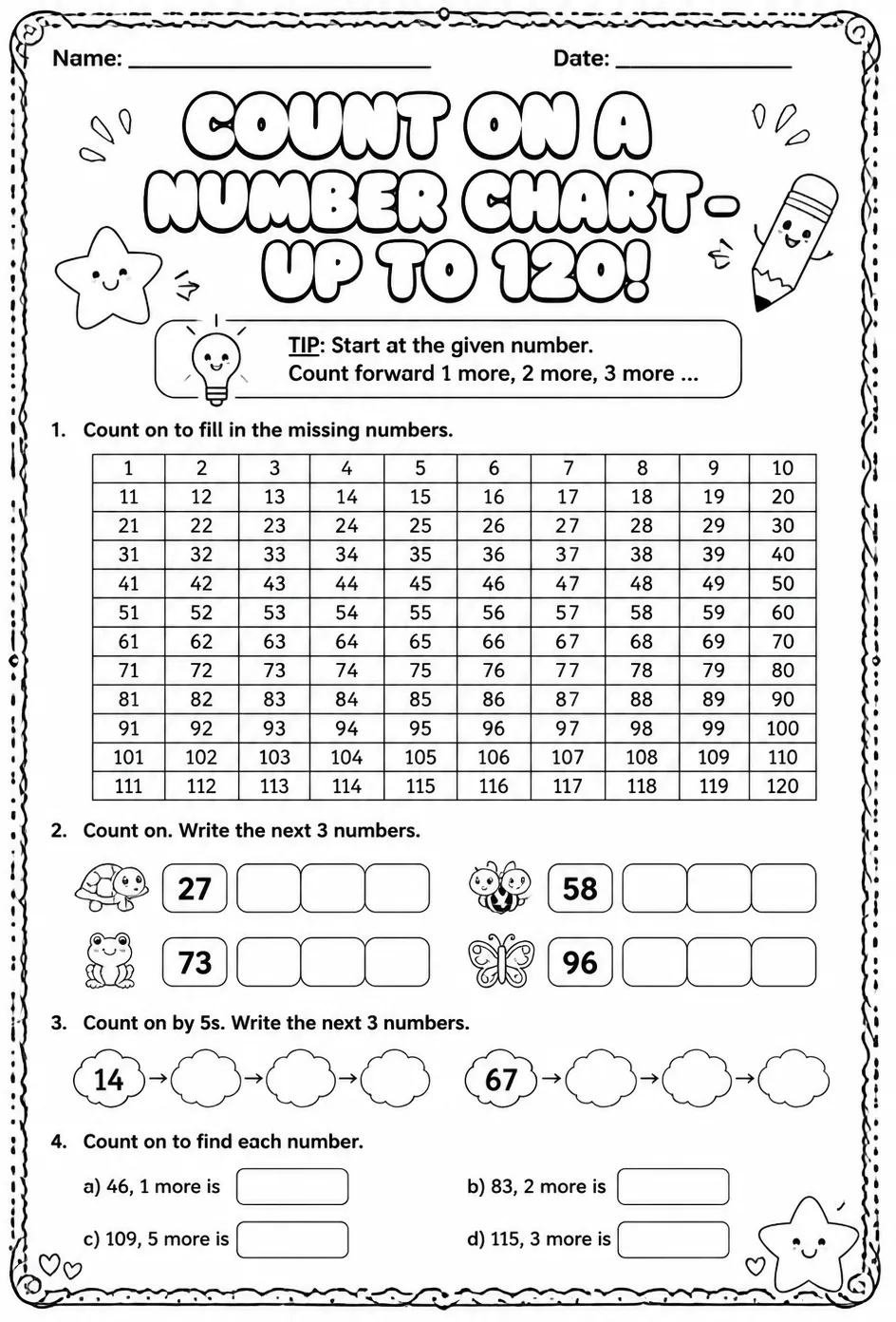 Count on a number chart - up to 120 — free printable Grade 1 math worksheet