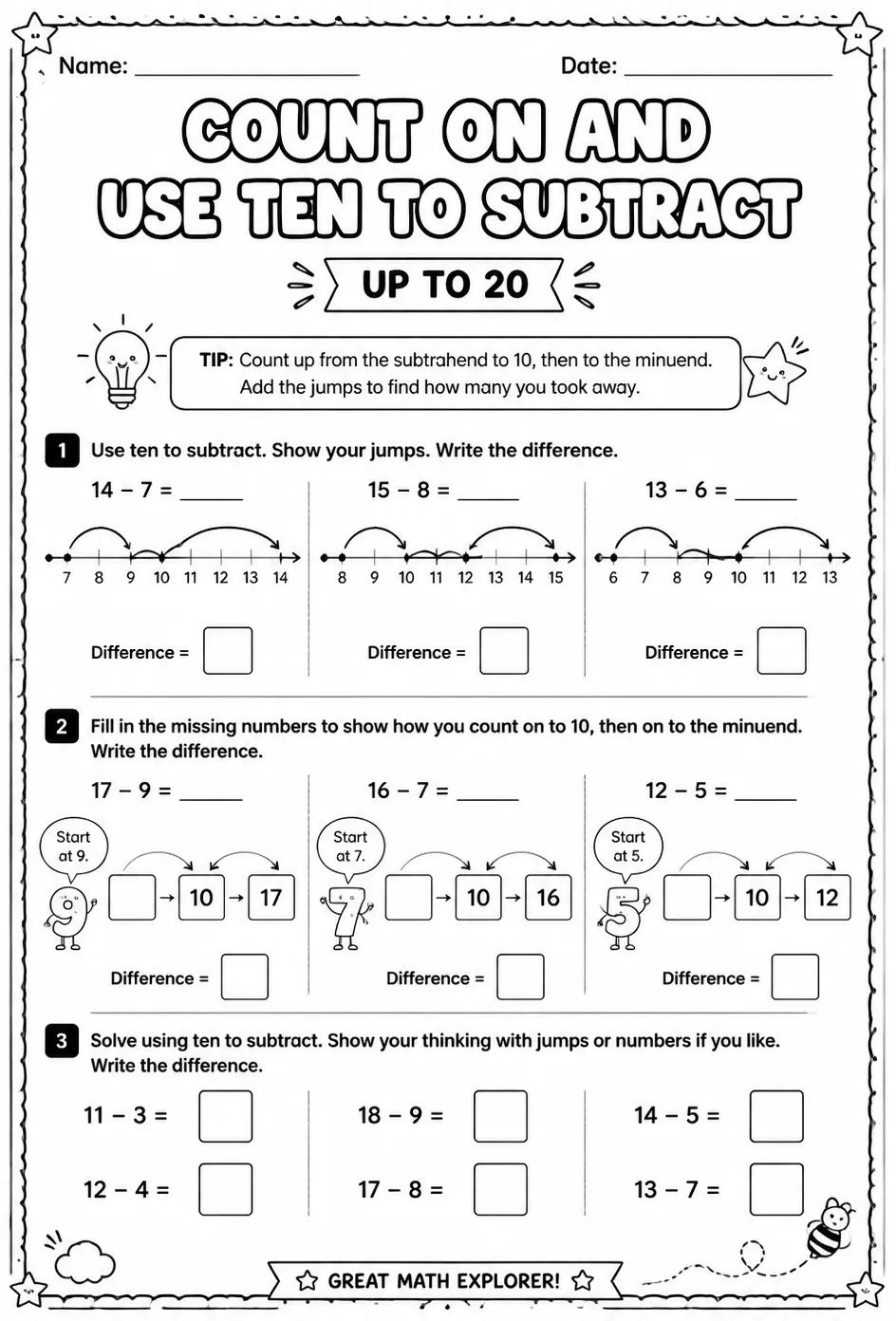 Count on and use ten to subtract - up to 20 — free printable Grade 1 math worksheet
