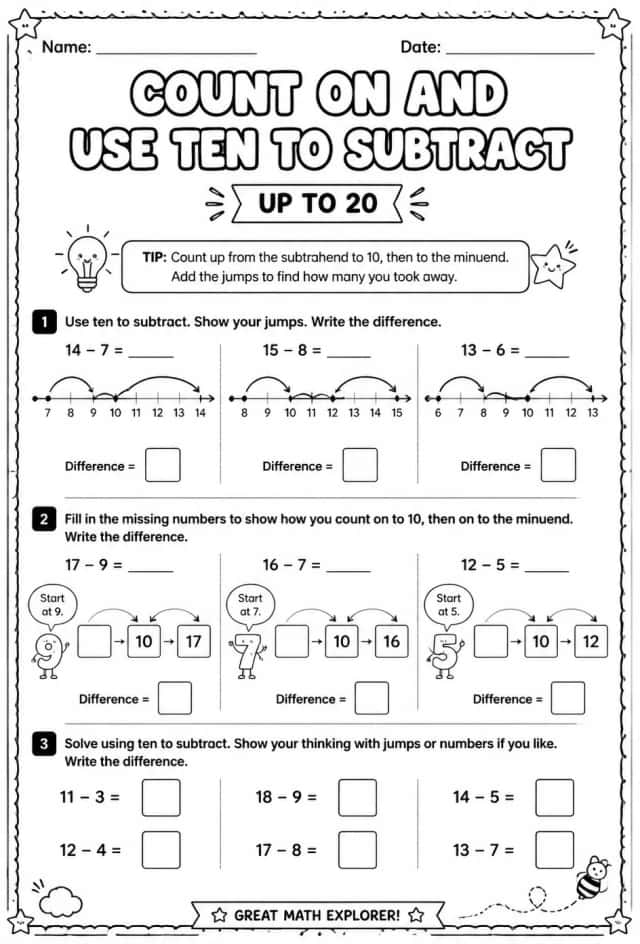 Count on and use ten to subtract - up to 20