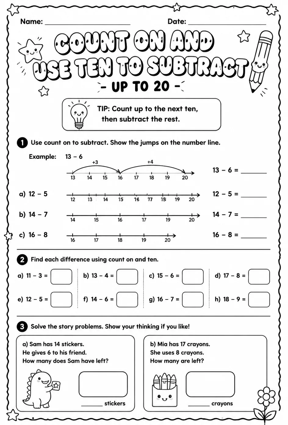 Count on and use ten to subtract - up to 20 — free printable Grade 2 math worksheet