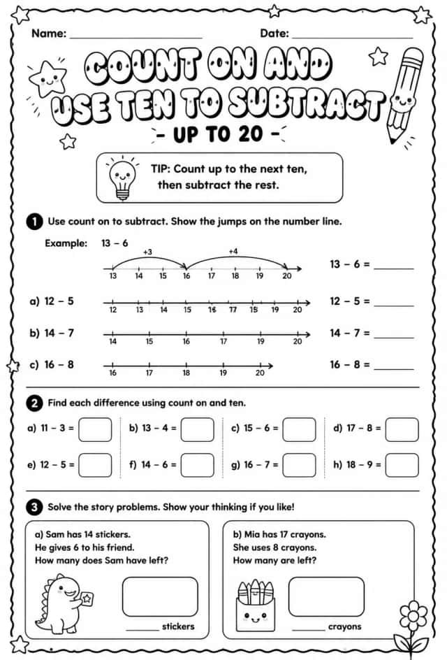 Count on and use ten to subtract - up to 20