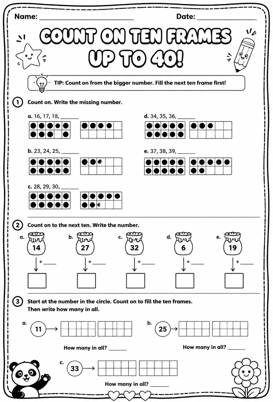 Count on ten frames - up to 40 — free printable Grade 1 math worksheet