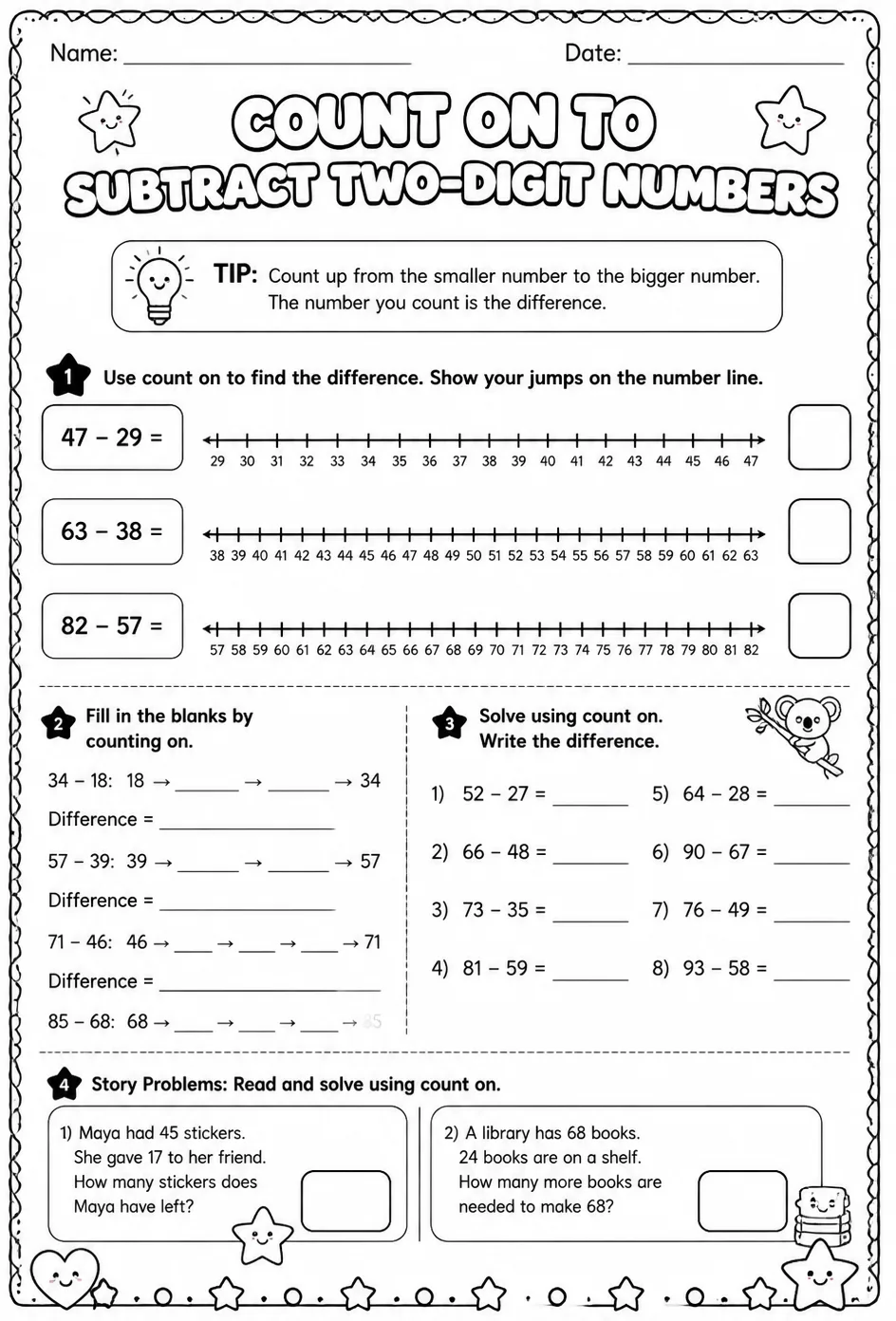 Count on to subtract two-digit numbers — free printable Grade 2 math worksheet