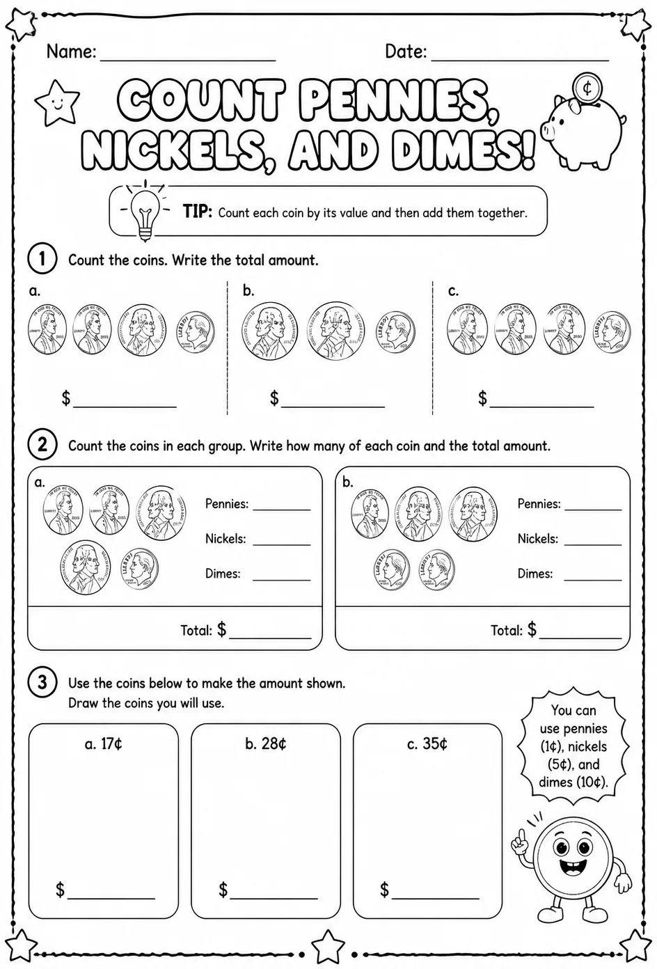 Count pennies, nickels, and dimes — free printable Grade 1 math worksheet