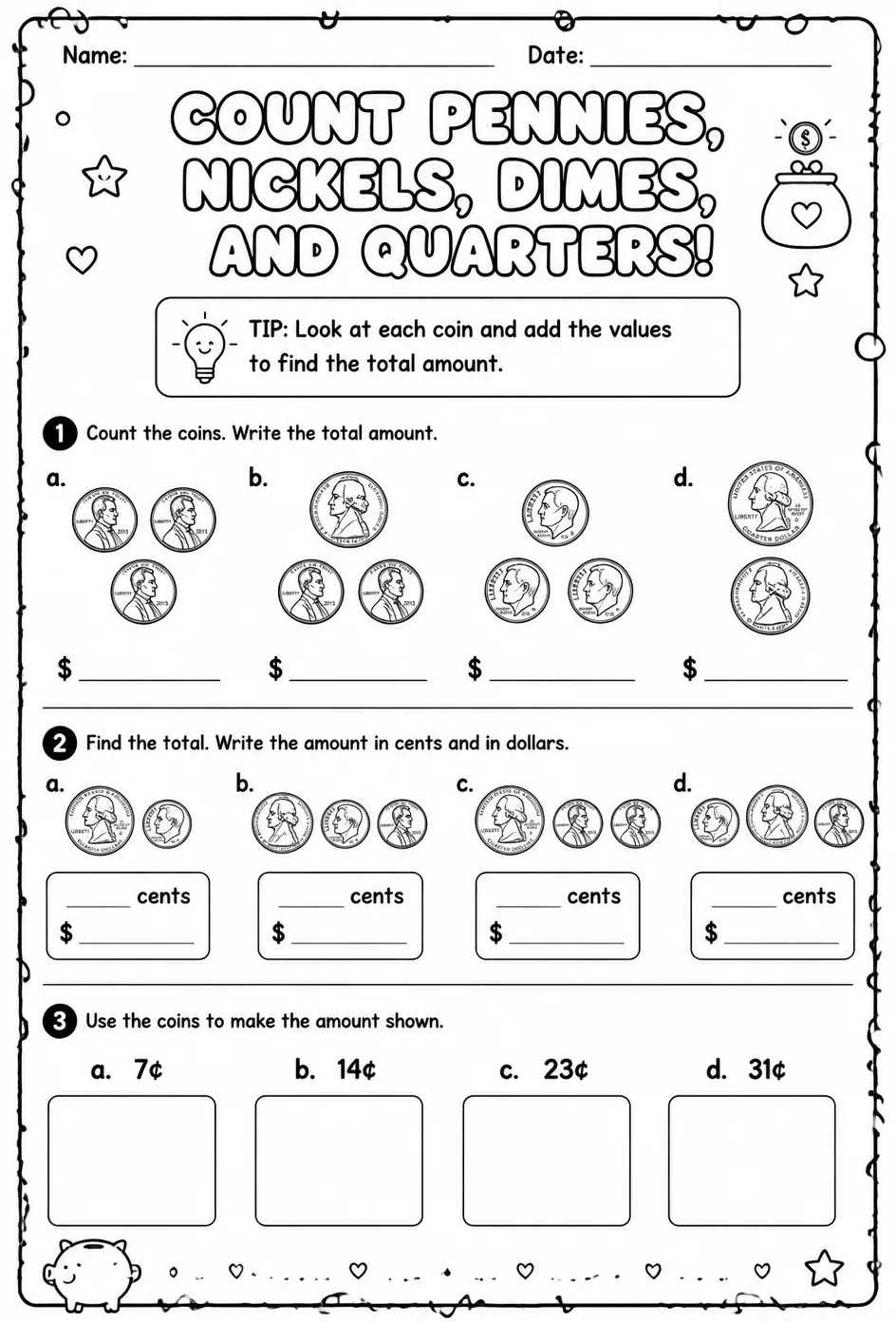 Count pennies, nickels, dimes, and quarters — free printable Grade 1 math worksheet