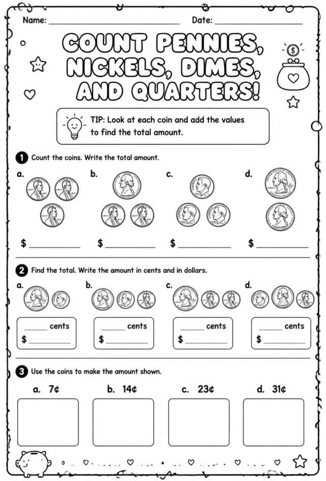 Count pennies, nickels, dimes, and quarters