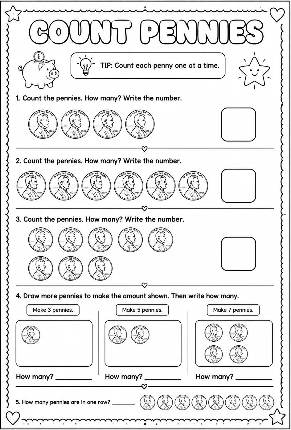 Count pennies — free printable Pre-K math worksheet