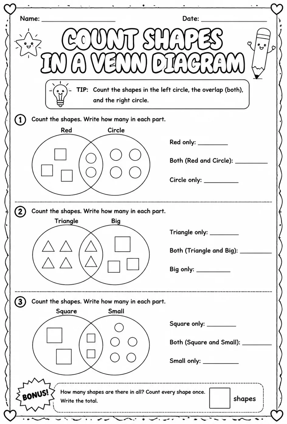 Count shapes in a Venn diagram — free printable Grade 1 math worksheet
