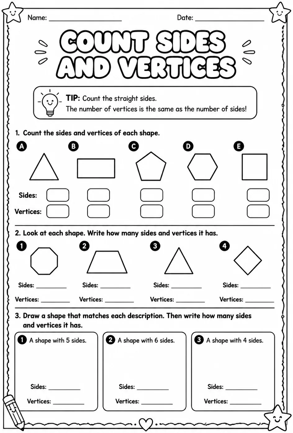 Count sides and vertices — free printable Grade 2 math worksheet