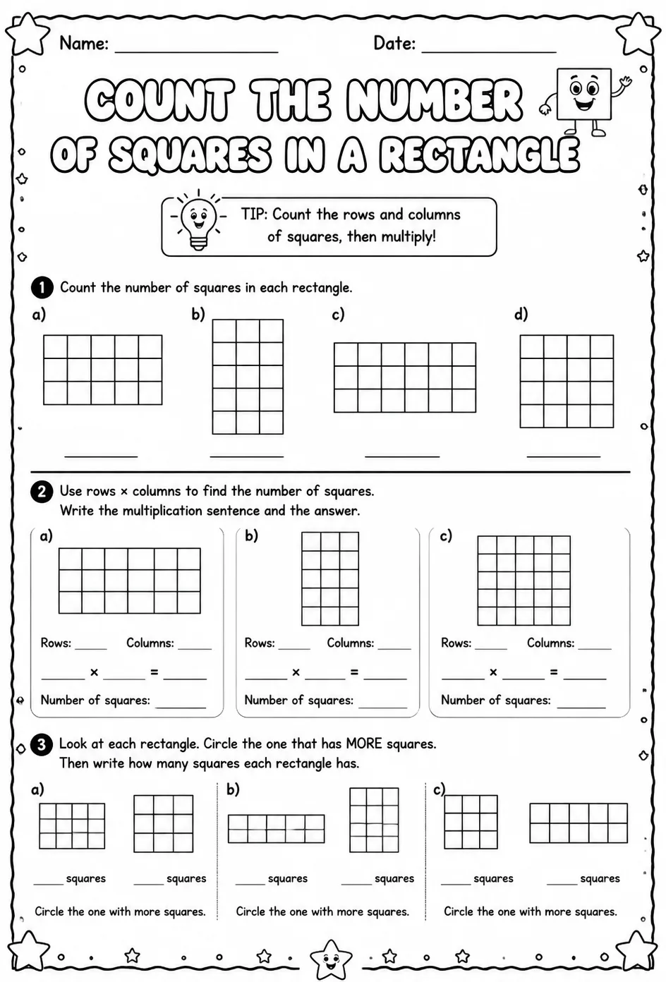 Count the number of squares in a rectangle — free printable Grade 2 math worksheet