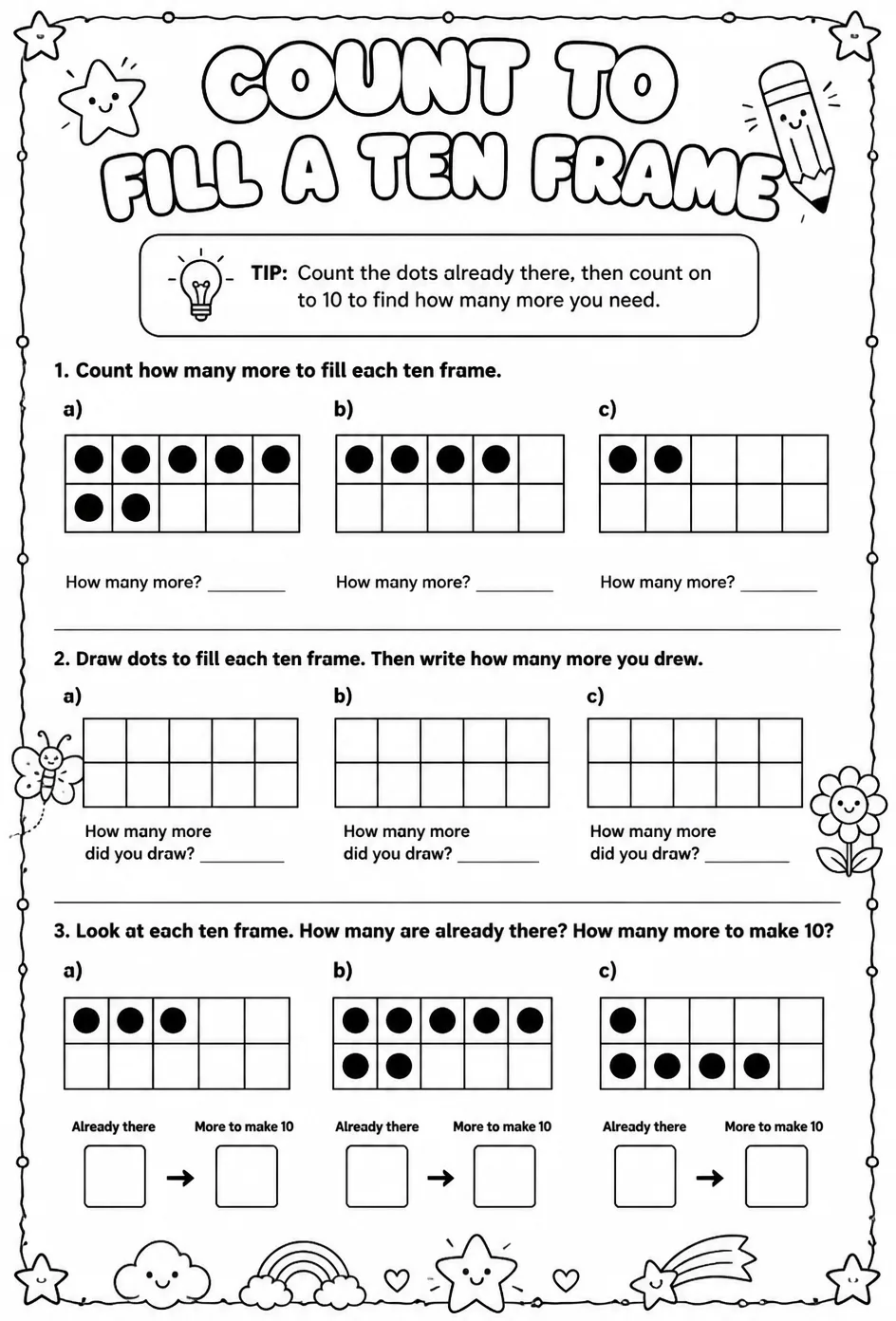 Count to fill a ten frame — free printable Grade 1 math worksheet