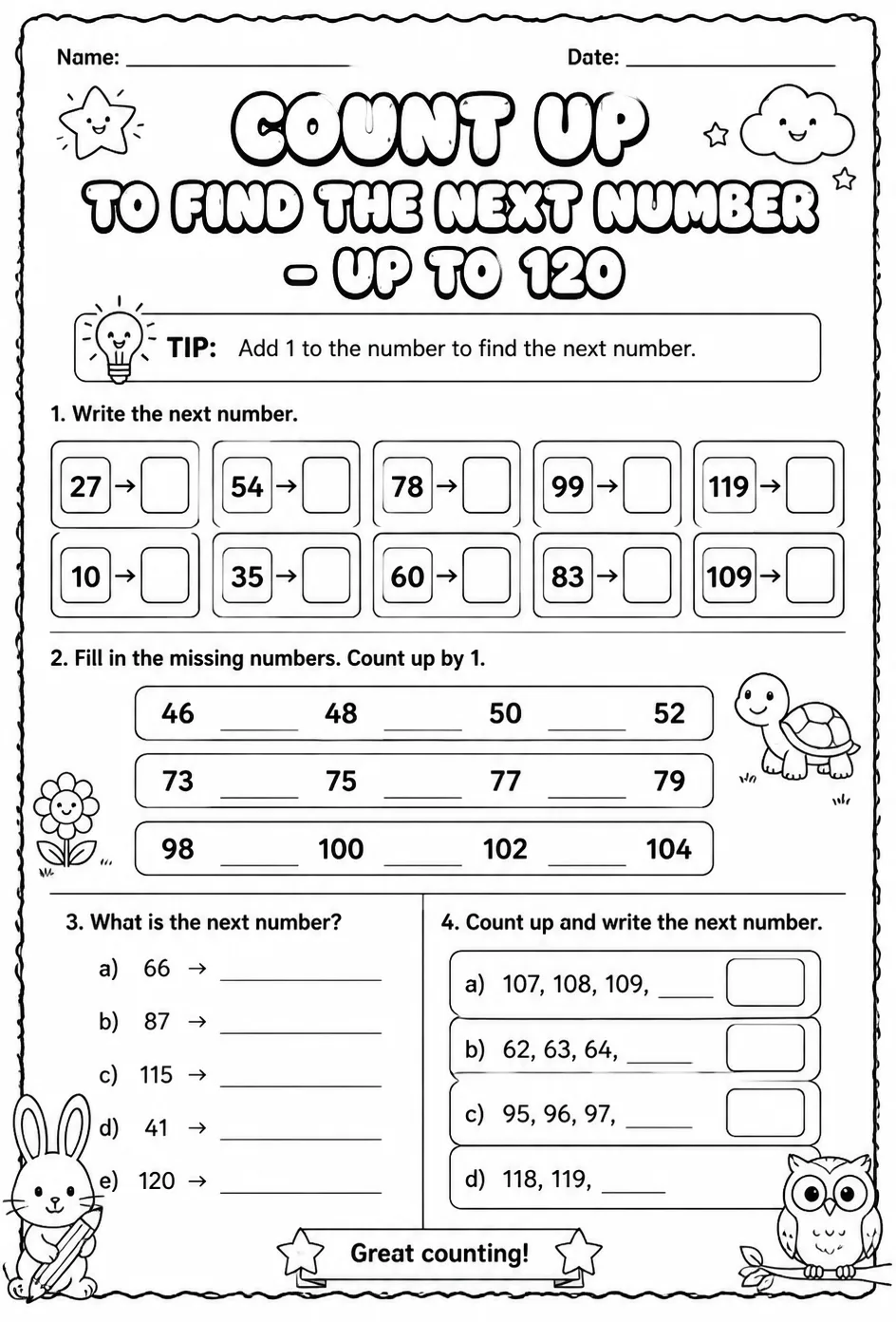 Count up to find the next number - up to 120 — free printable Grade 1 math worksheet