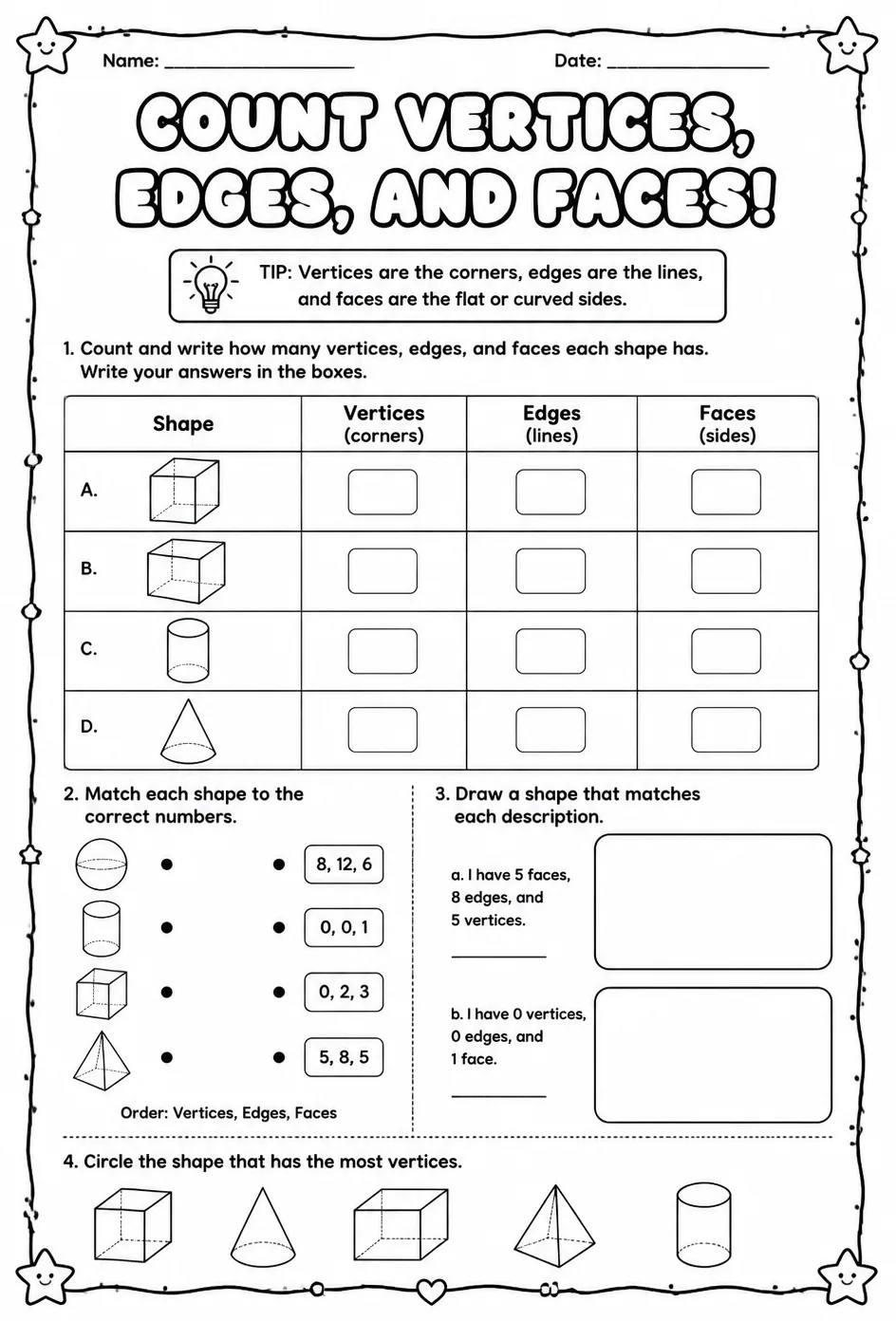 Count vertices, edges, and faces — free printable Grade 1 math worksheet
