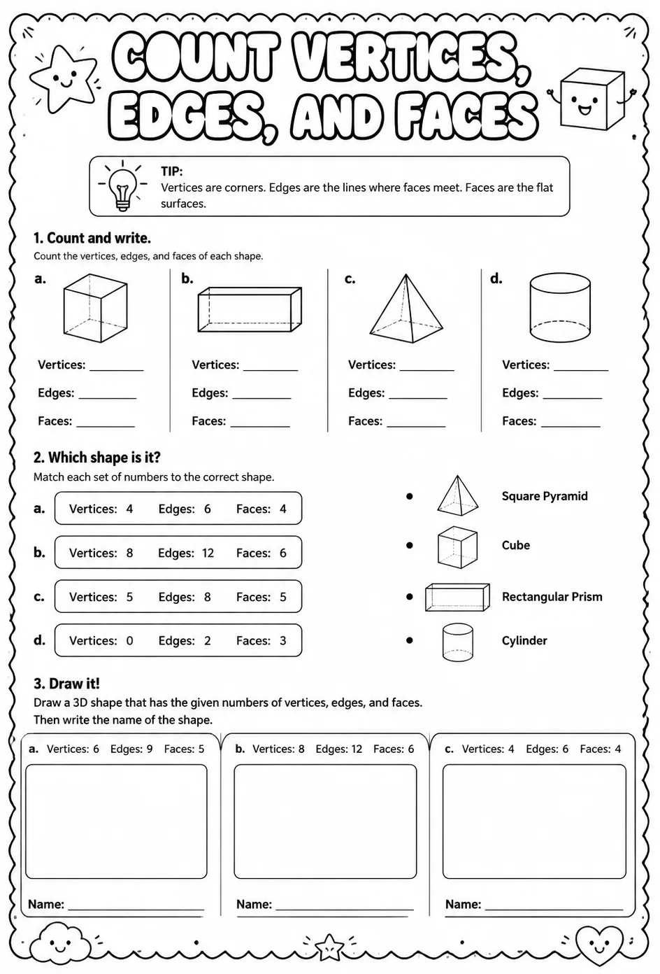 Count vertices, edges, and faces — free printable Grade 2 math worksheet