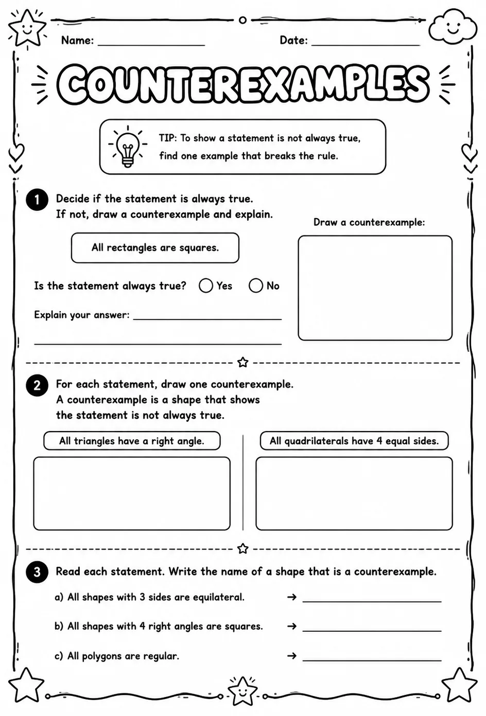 Counterexamples — free printable Geometry math worksheet