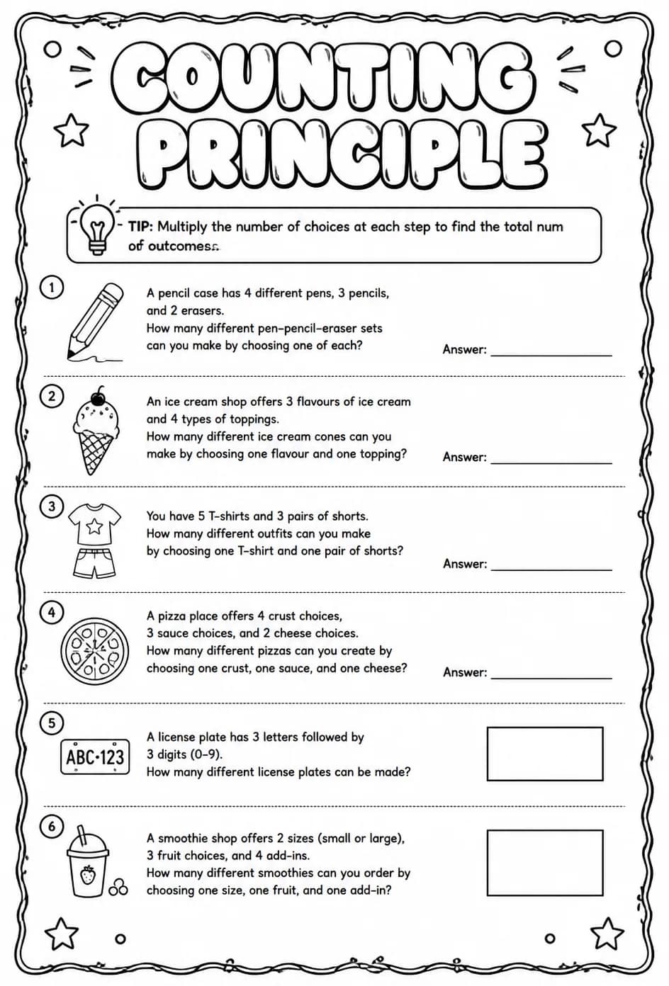 Counting principle — free printable Grade 6 math worksheet