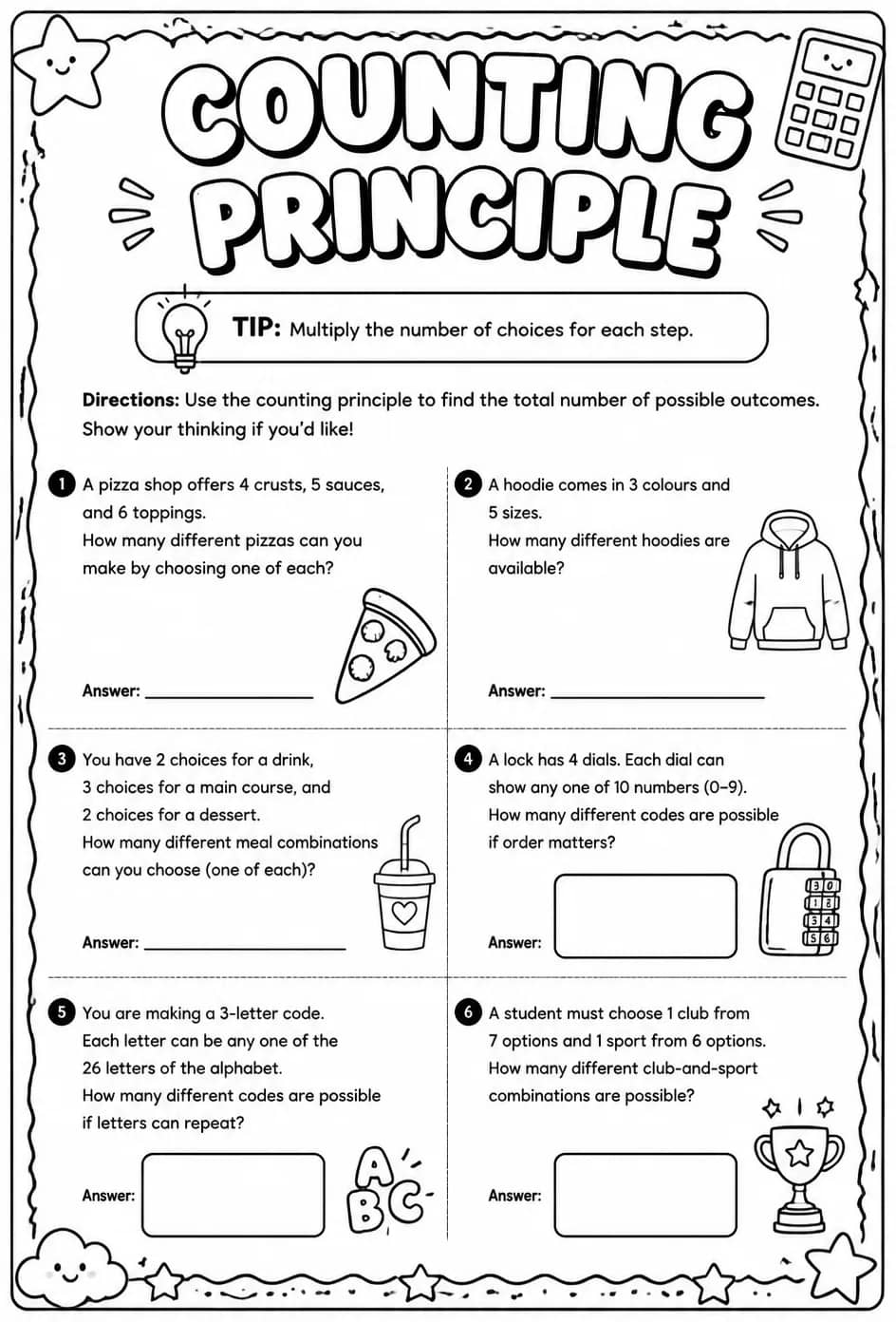 Counting principle — free printable Grade 8 math worksheet