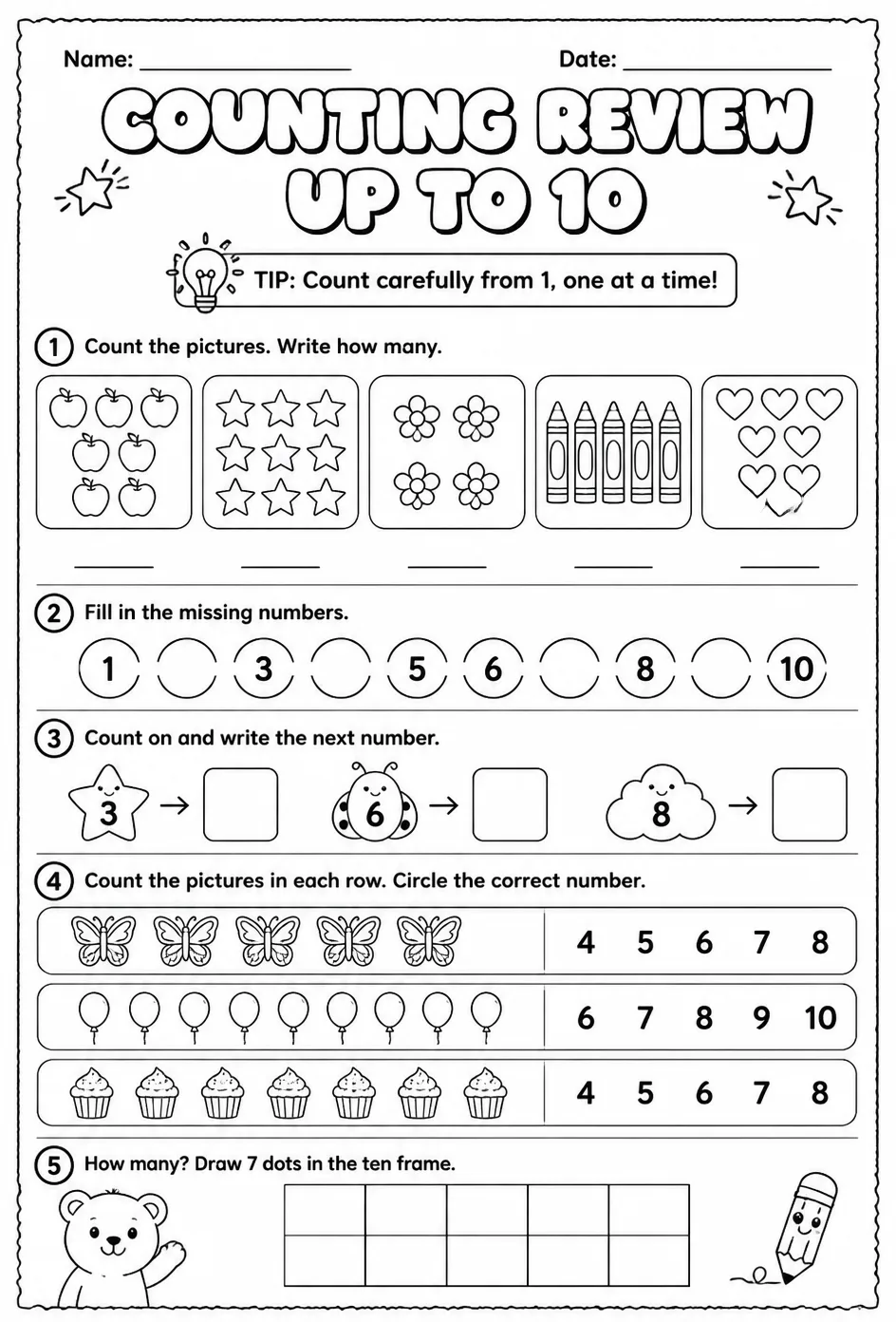 Counting review - up to 10 — free printable Grade 1 math worksheet