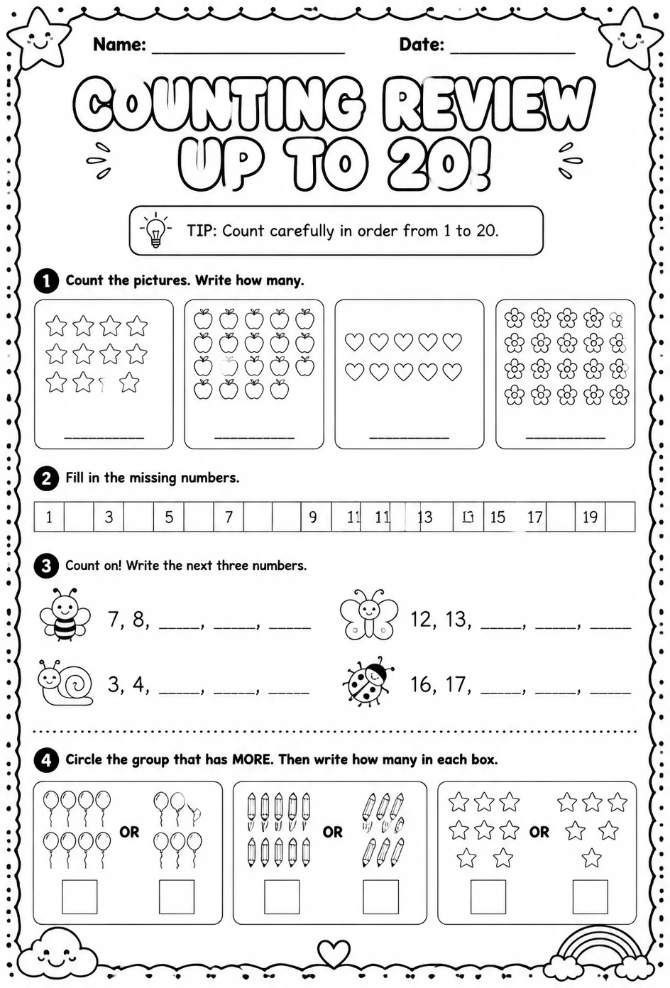 Counting review - up to 20 — free printable Grade 1 math worksheet