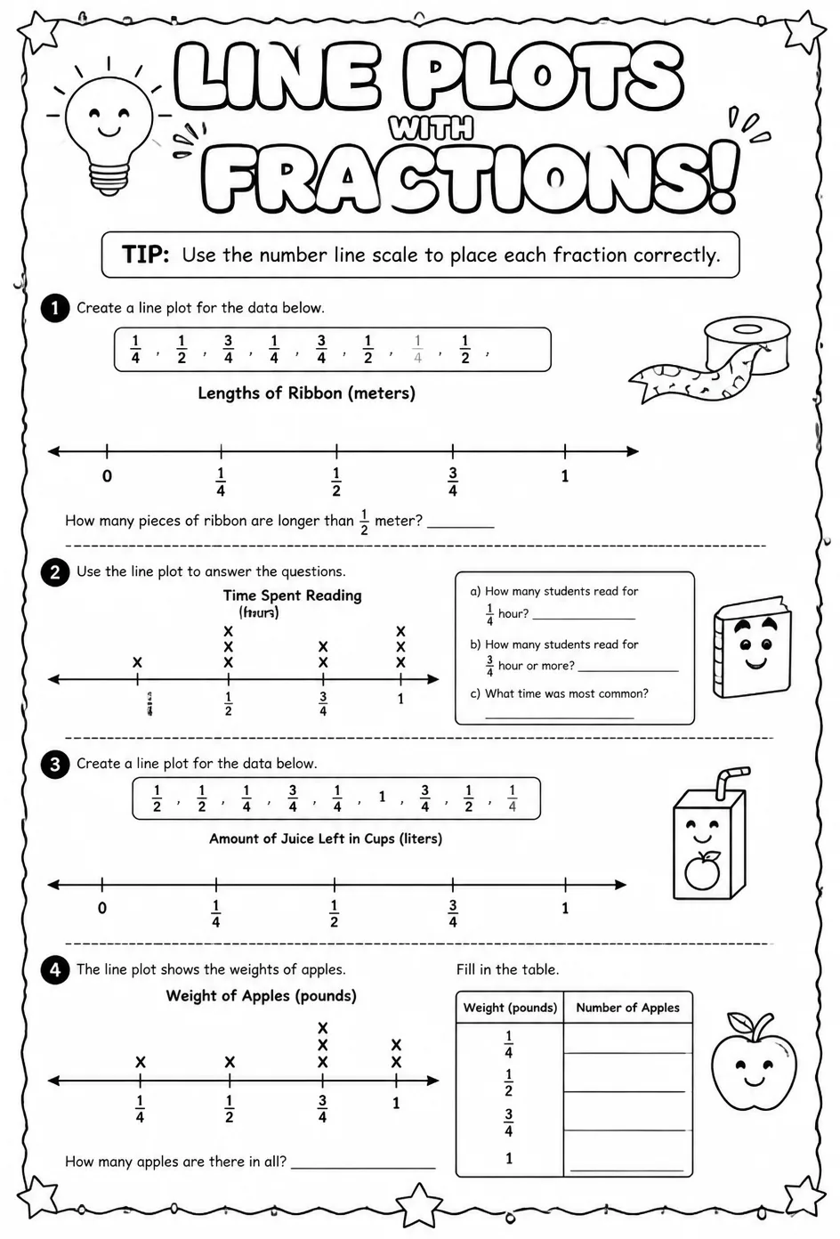 Create and interpret line plots with fractions — free printable Grade 4 math worksheet