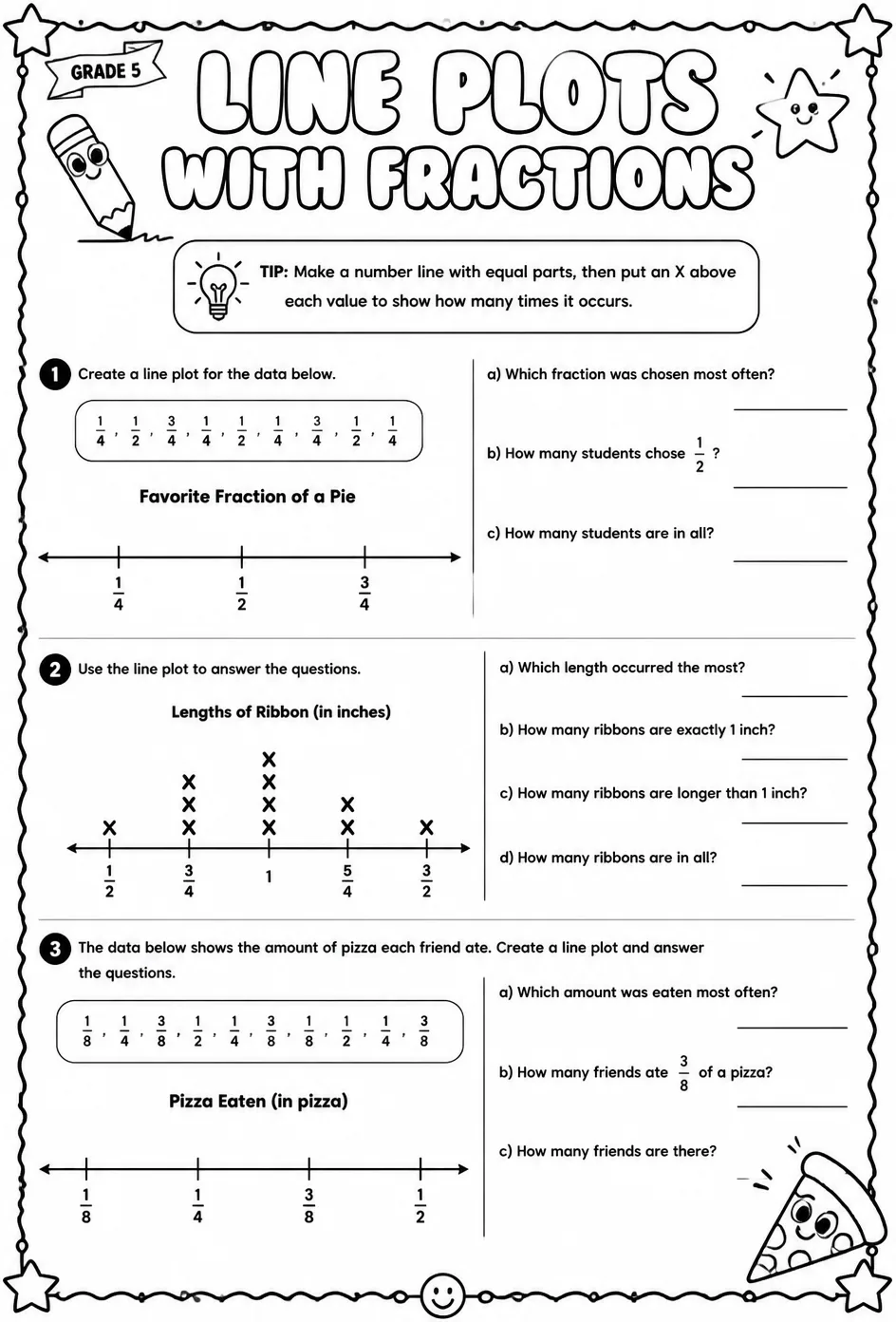 Create and interpret line plots with fractions — free printable Grade 5 math worksheet