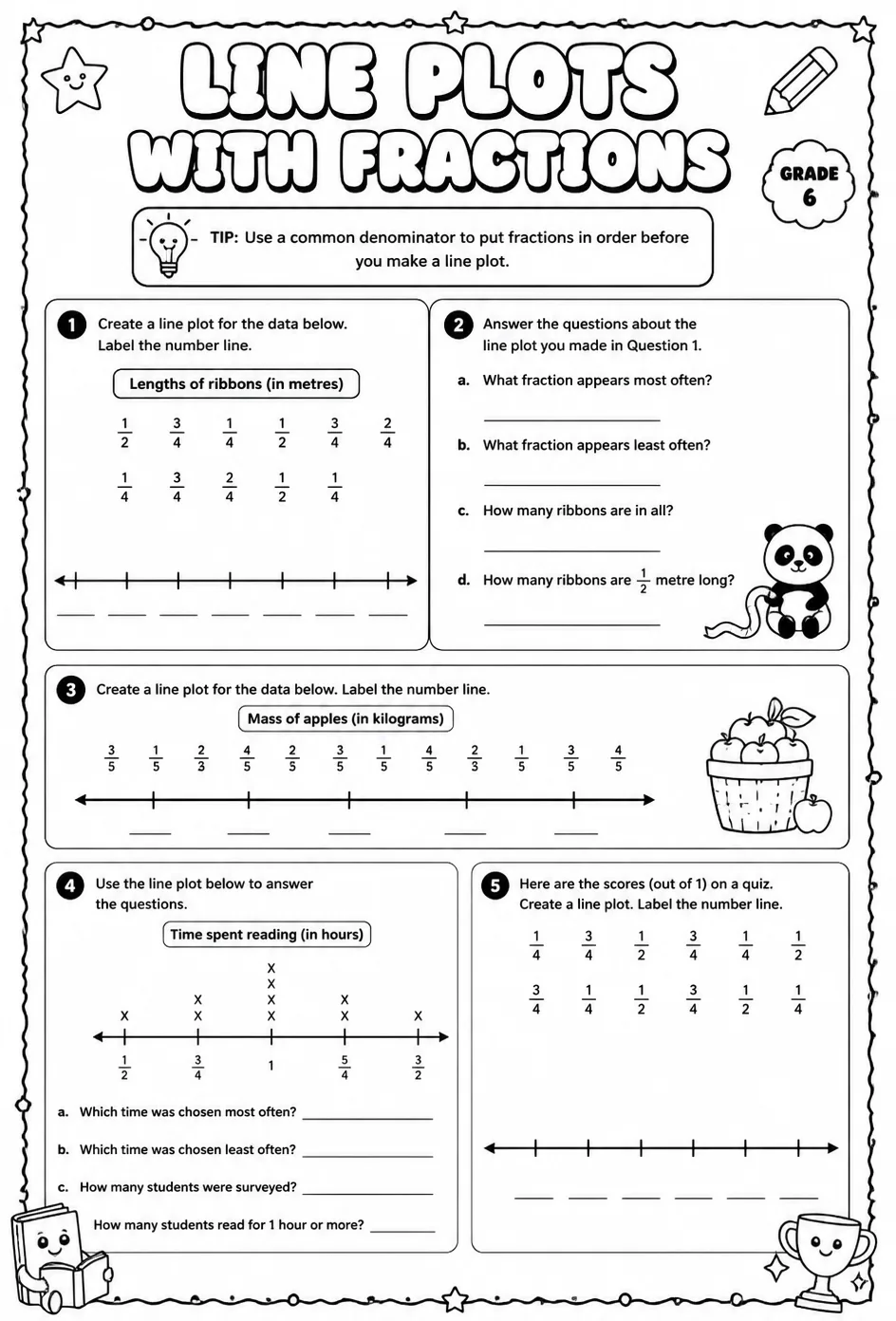 Create and interpret line plots with fractions — free printable Grade 6 math worksheet