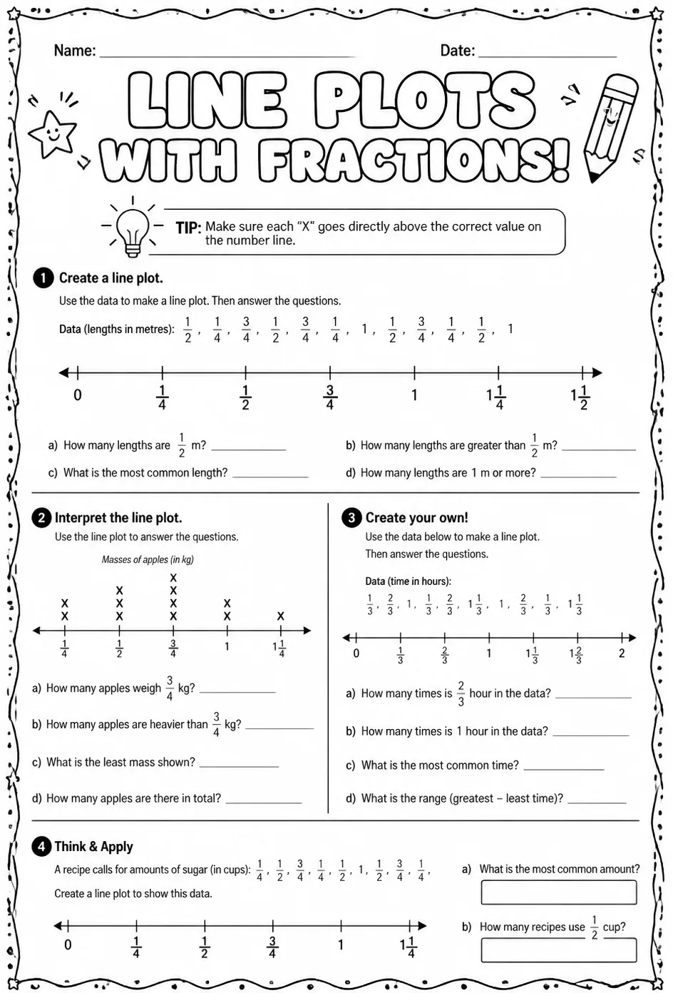 Create and interpret line plots with fractions — free printable Grade 7 math worksheet
