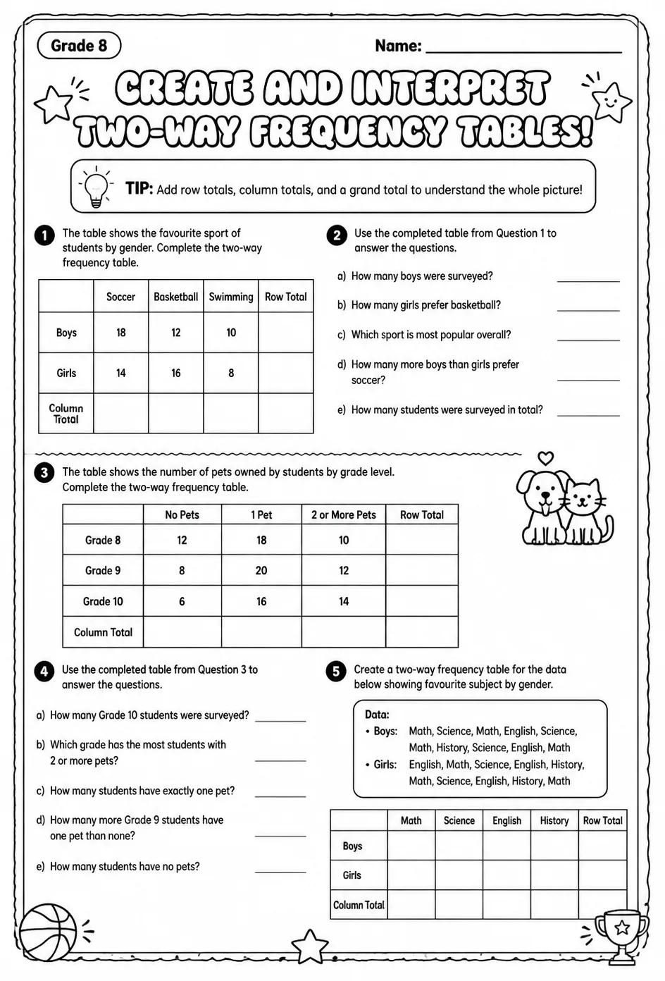 Create and interpret two-way frequency tables — free printable Grade 8 math worksheet