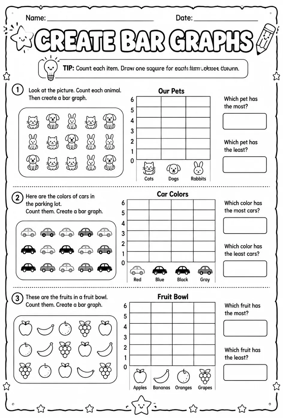 Create bar graphs — free printable Grade 2 math worksheet