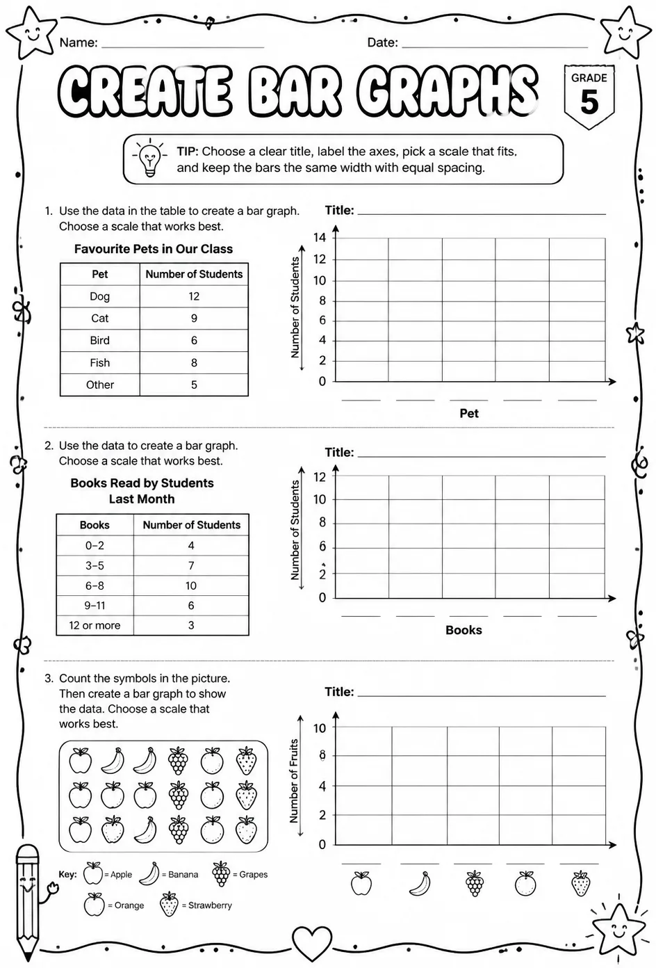 Create bar graphs — free printable Grade 5 math worksheet