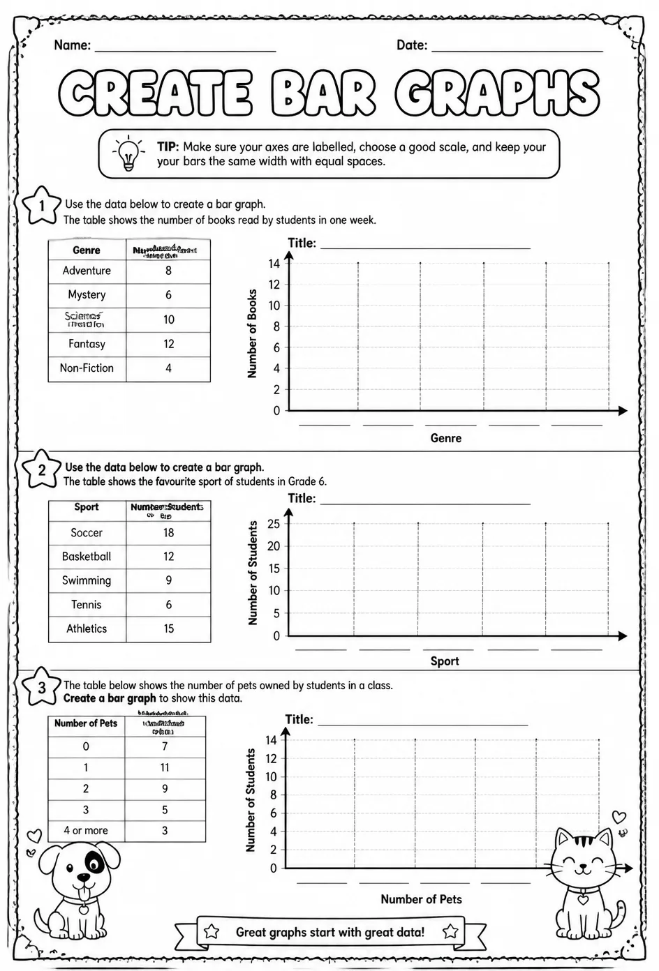 Create bar graphs — free printable Grade 6 math worksheet
