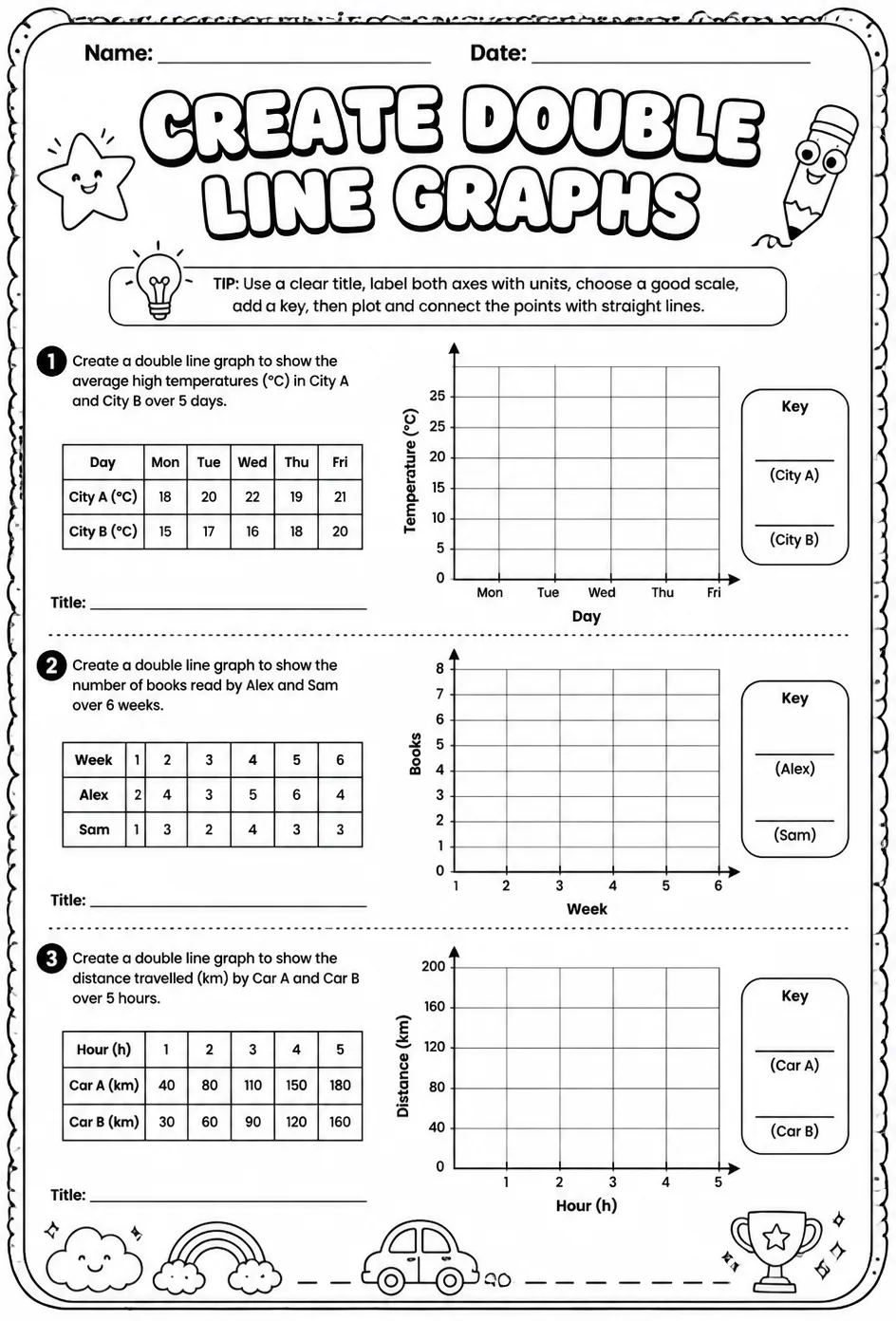 Create double line graphs — free printable Grade 6 math worksheet