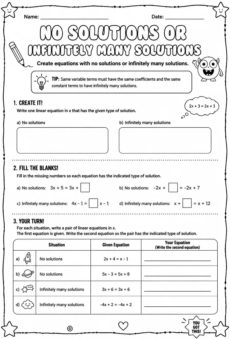 Create equations with no solutions or infinitely many solutions — free printable Grade 8 math worksheet