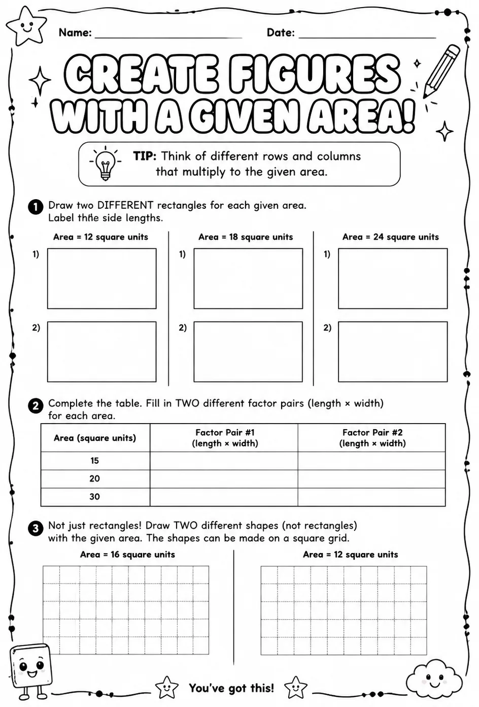 Create figures with a given area — free printable Grade 3 math worksheet