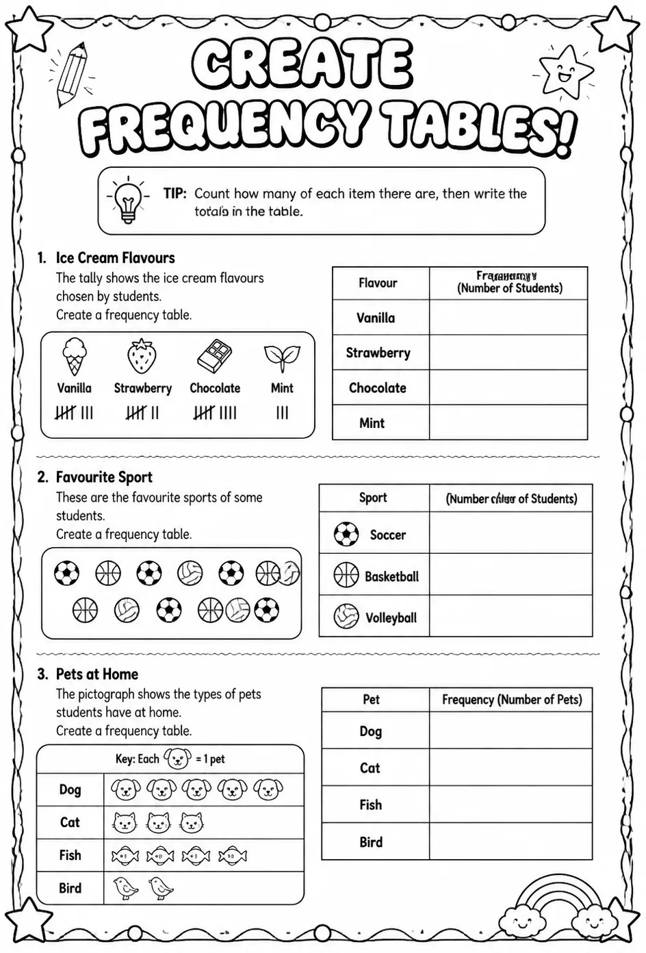 Create frequency tables — free printable Grade 4 math worksheet