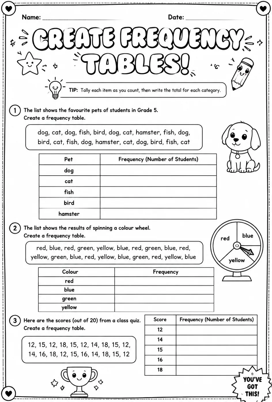 Create frequency tables — free printable Grade 5 math worksheet
