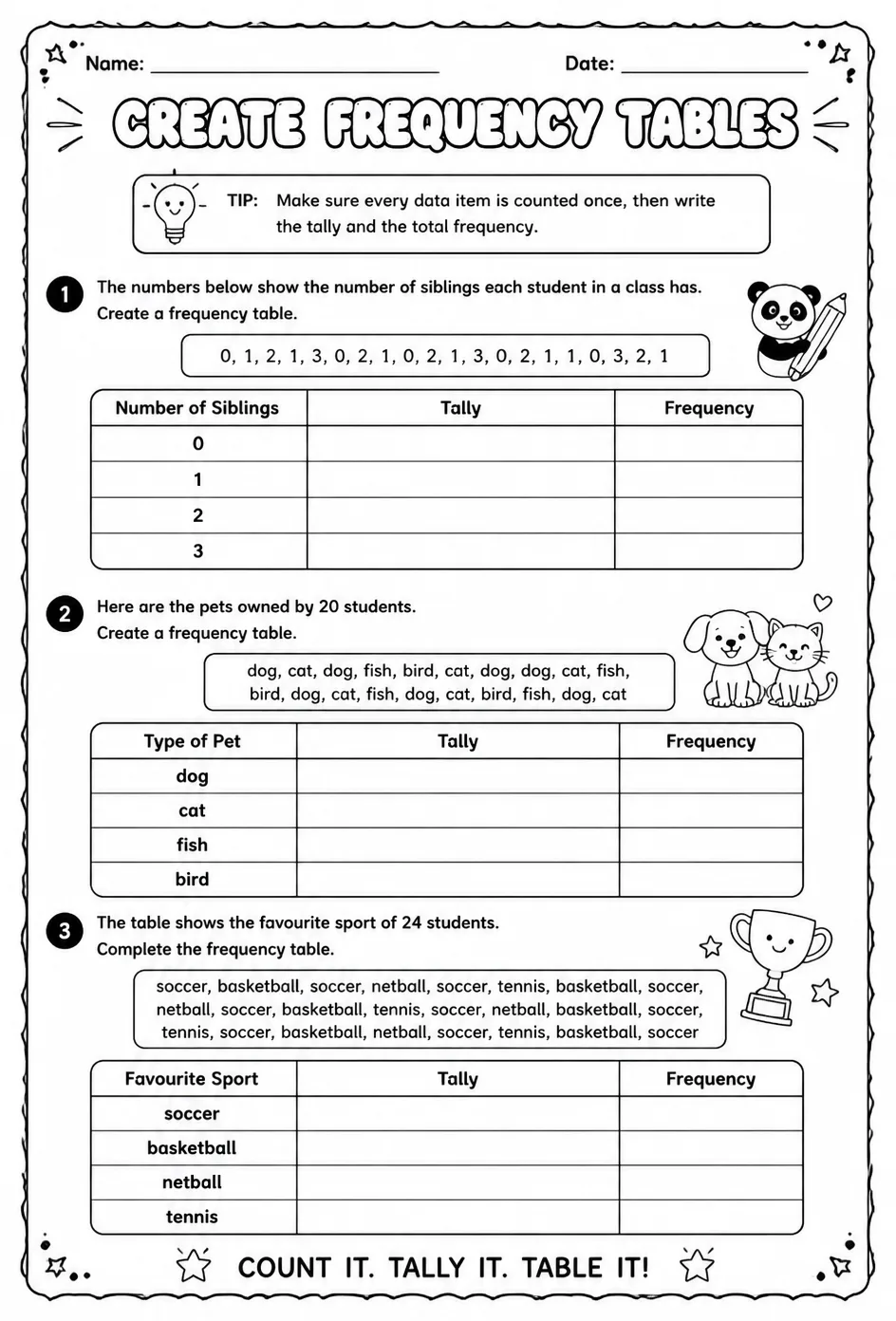 Create frequency tables — free printable Grade 6 math worksheet