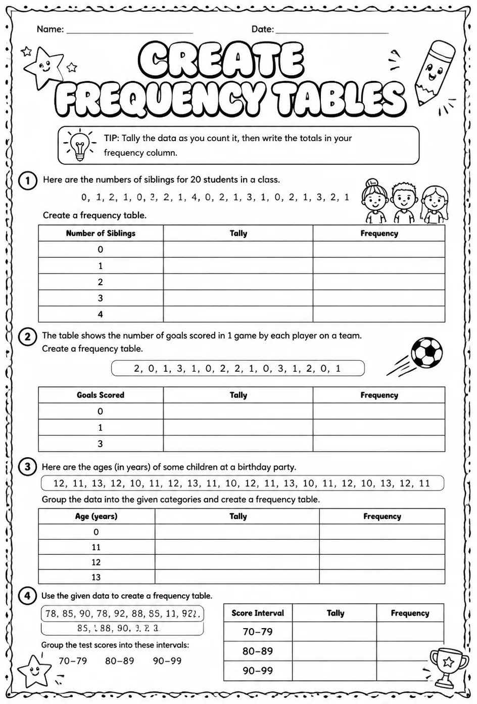 Create frequency tables — free printable Grade 7 math worksheet