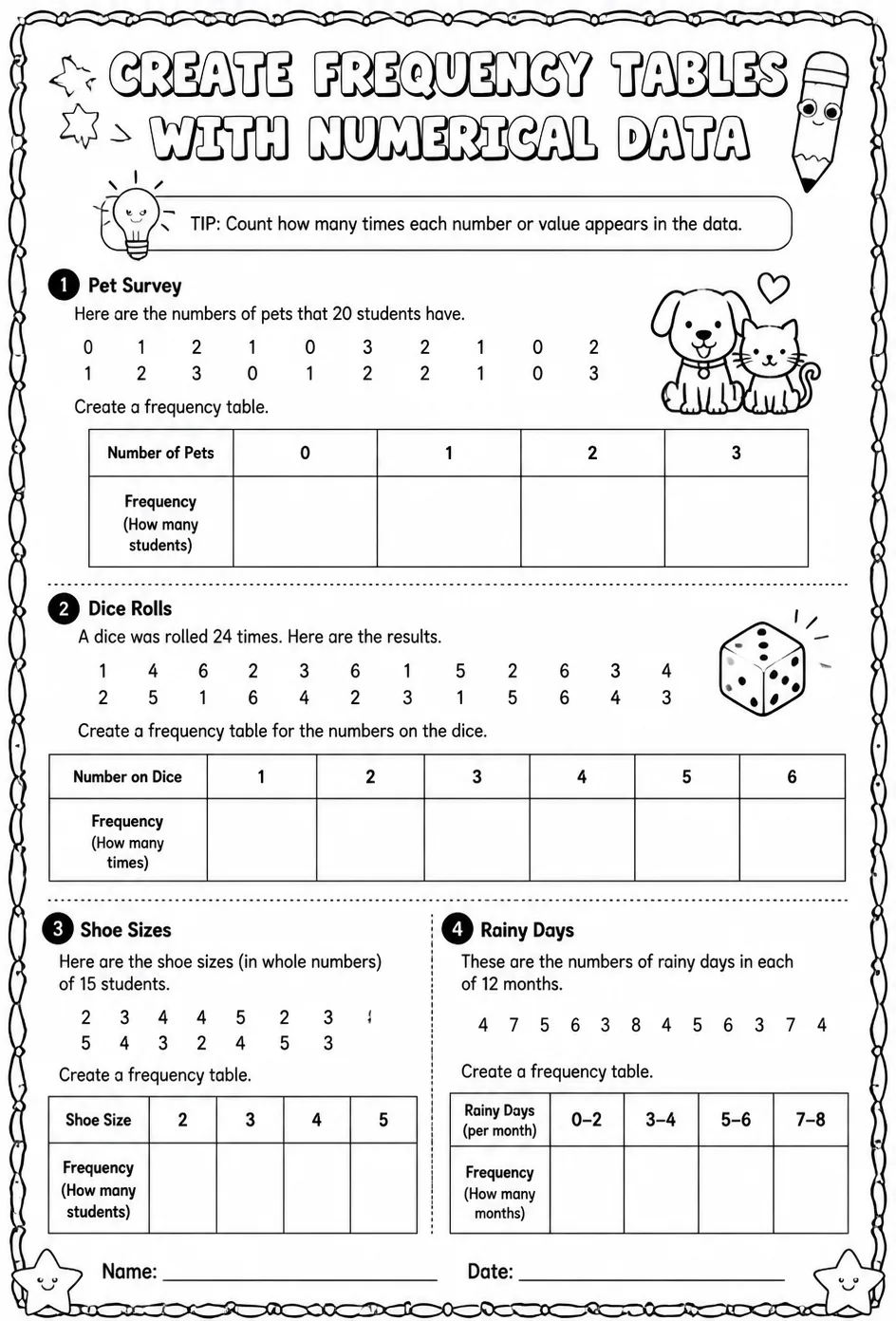 Create frequency tables with numerical data — free printable Grade 4 math worksheet