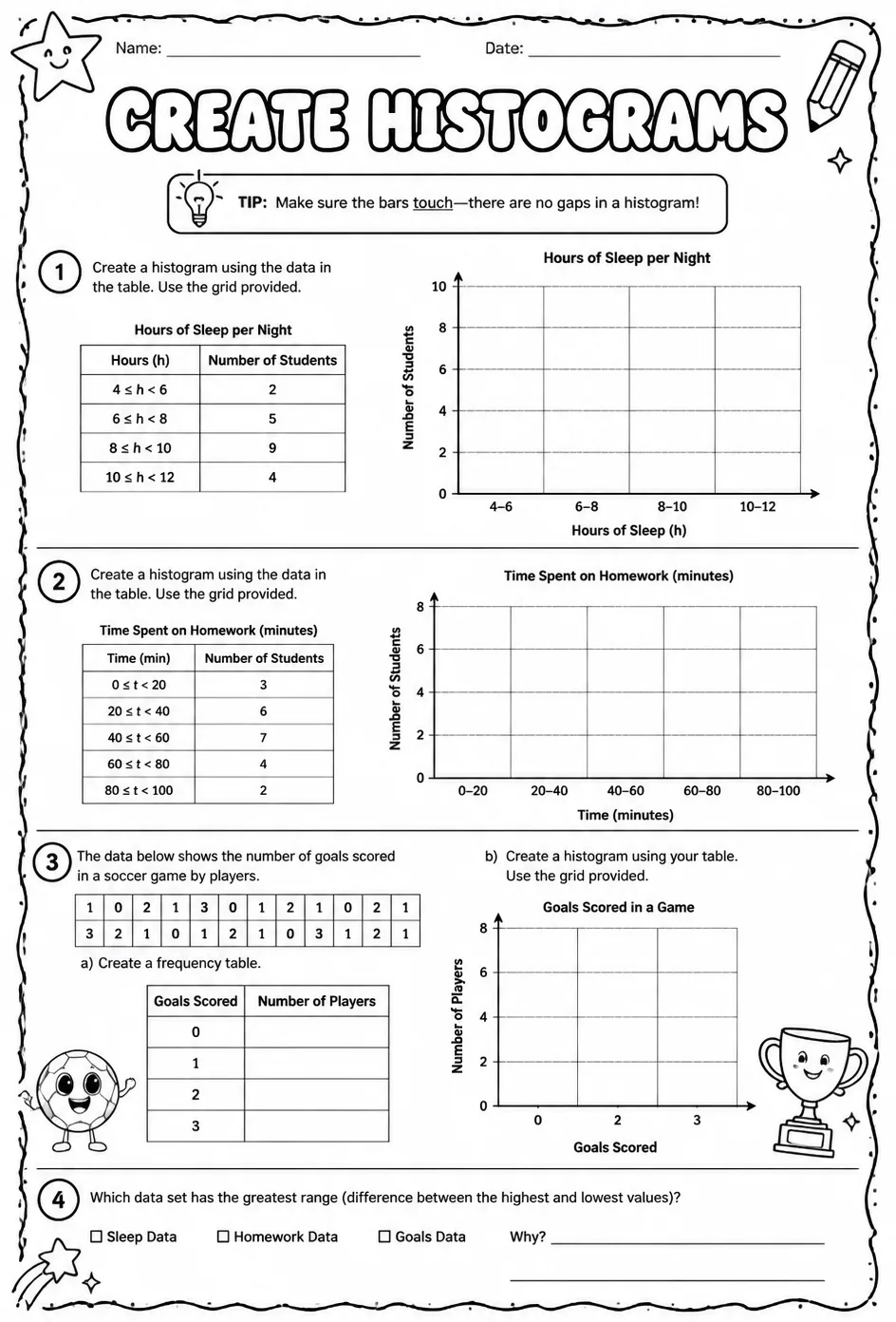 Create histograms — free printable Algebra 1 math worksheet