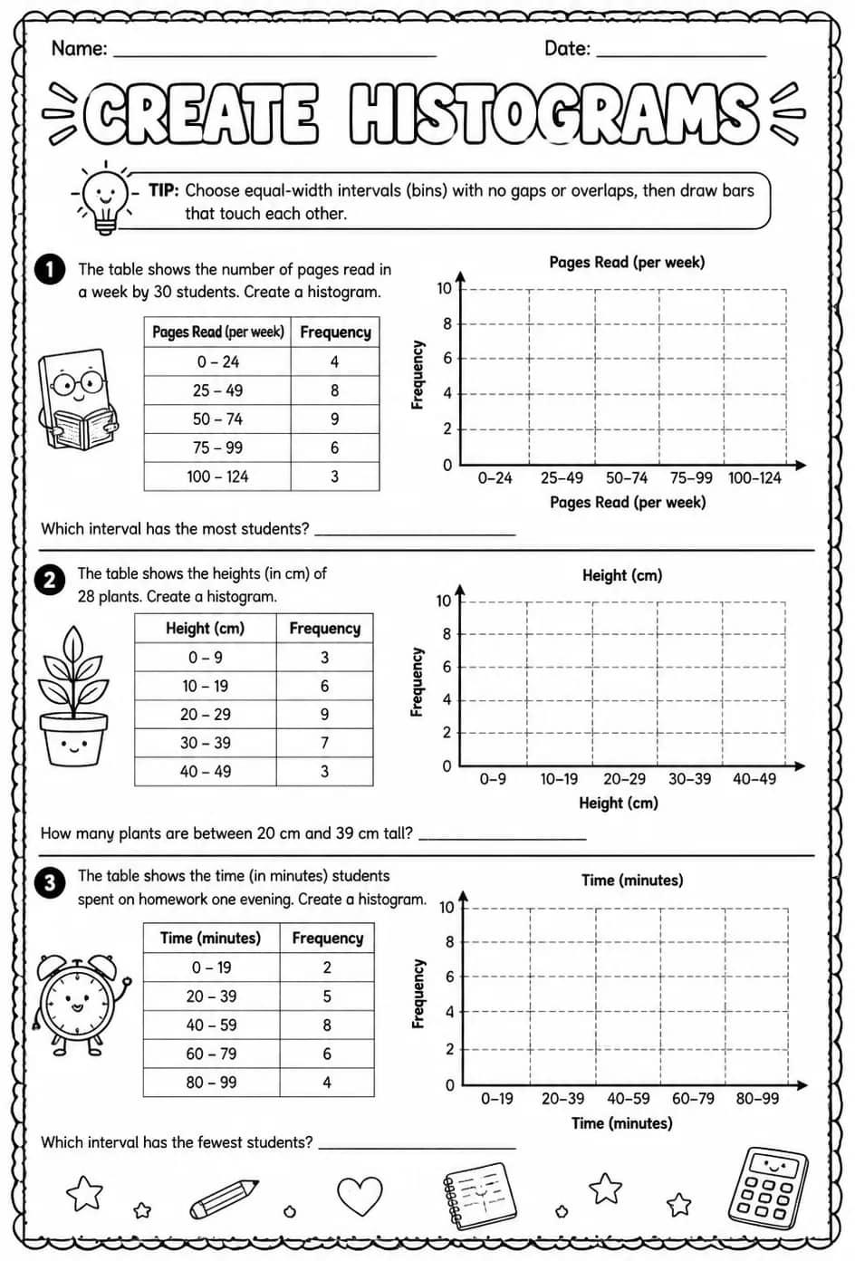 Create histograms — free printable Grade 7 math worksheet