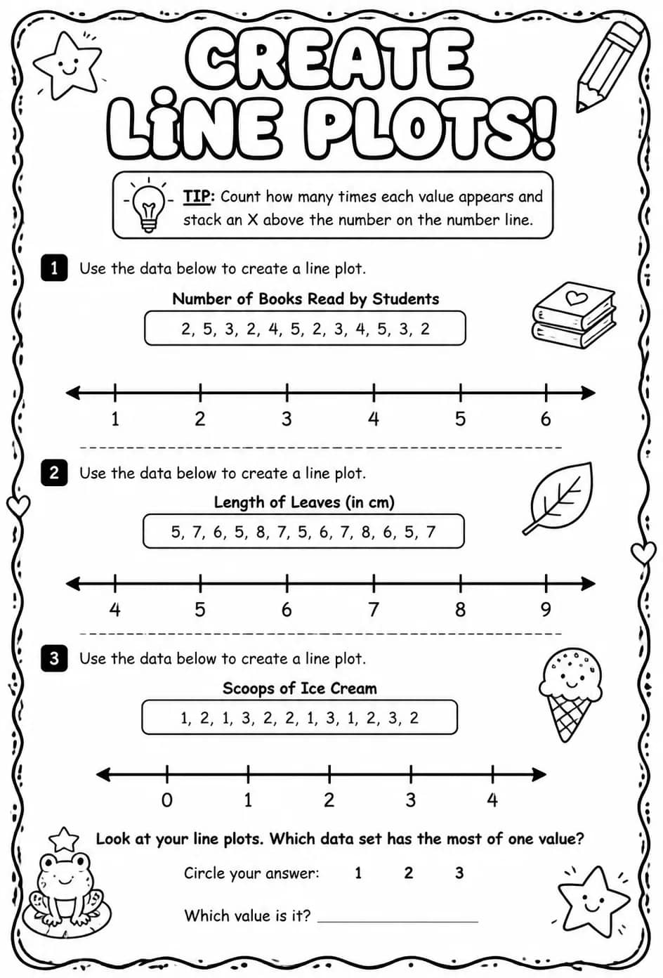 Create line plots — free printable Grade 3 math worksheet