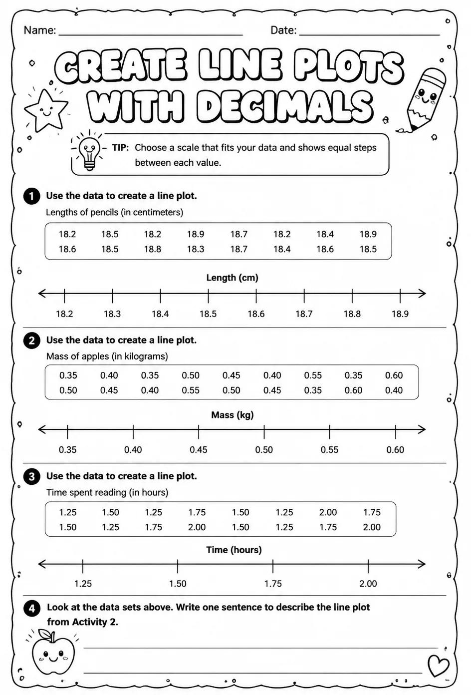 Create line plots with decimals — free printable Grade 5 math worksheet
