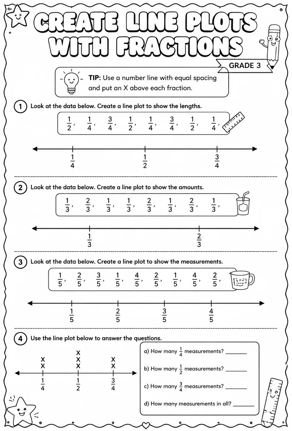 Create line plots with fractions — free printable Grade 3 math worksheet